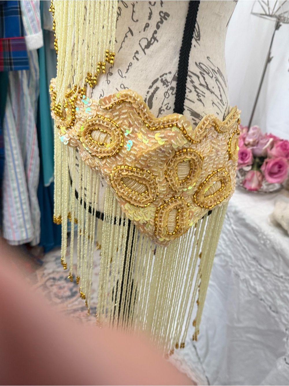 Vintage Beaded Fringe Showgirl Belly Dance Bra Belt Set Gold Sequin Costume - Picture 3 of 11